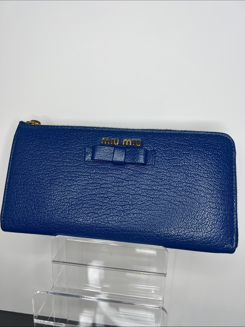 Miu Miu Navy Blue Madras Leather Bow Zip-Around Long Wallet